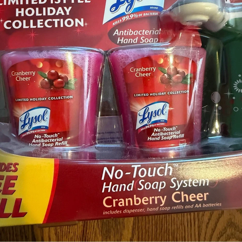 Lysol No Touch Hand Soap System DISPENSER 2 Soaps Cranberry Cheer Holiday